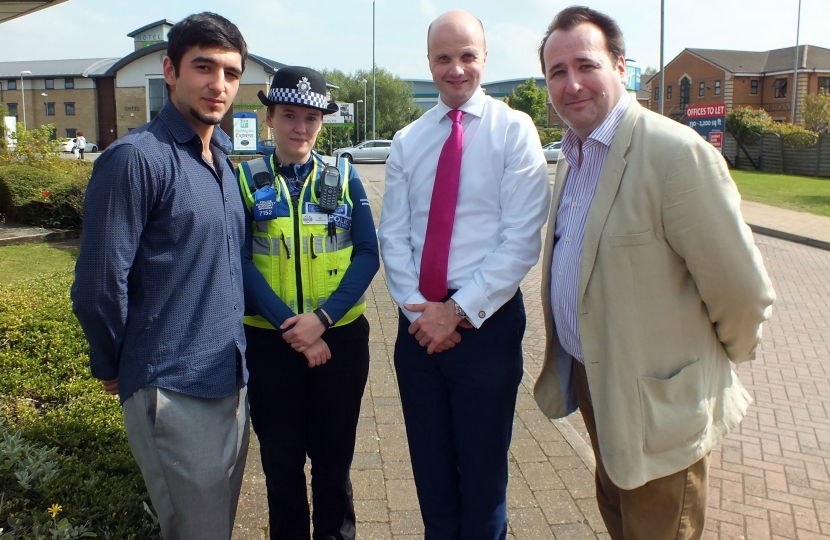 Simon and Adil with Police & Crime Commissioner Adam Simmonds and PCSO Amy